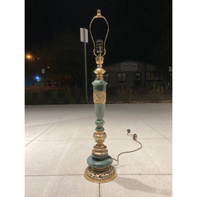 Verdigris Japanese Bronze & Marble Column Table Lamp With Original Shade Okinawa For Sale - Image 8 of 13