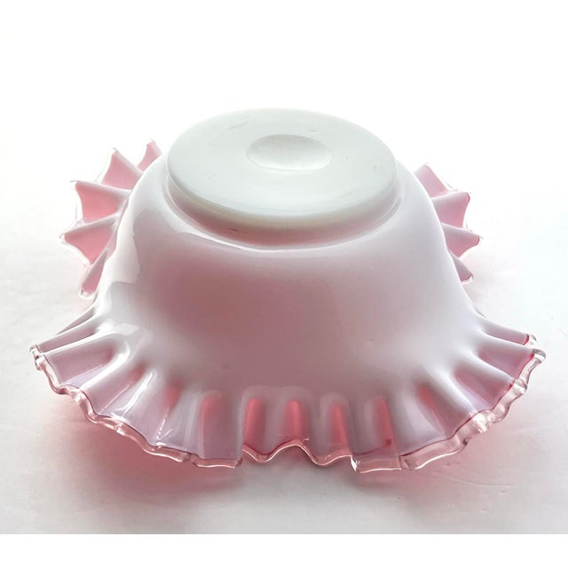 Glass 1940s Vintage Fenton “Peach Crest” Pink & Milk Glass Ruffled Crimped Bowl For Sale - Image 7 of 7