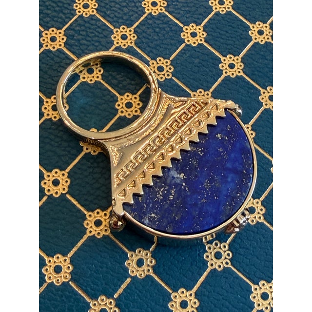 Retro Versace Lapis Lazuli Domed Ring With Medusa Logo and Greek Key Detail, Size 8 For Sale - Image 14 of 17