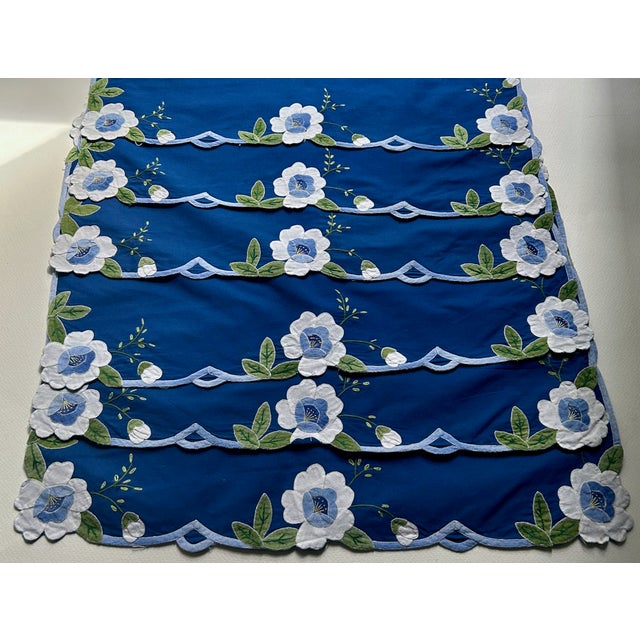 Mid 20th Century Set of 6 Madeira Blue Cotton Placemats & Embroidered White Florals For Sale In New York - Image 6 of 15