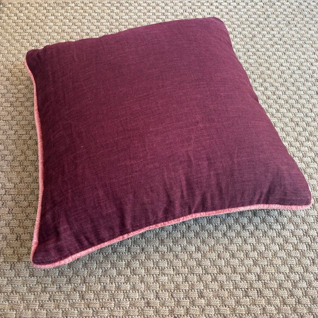 Contemporary Linen Pillow in Eggplant Purple With Pink Trim For Sale - Image 4 of 7