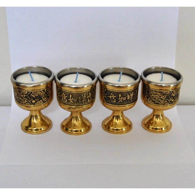 Art Deco Chinoiserie Japonisme Dragon Brass Candle Votive Holders With Candles - Set of 4 For Sale - Image 3 of 7