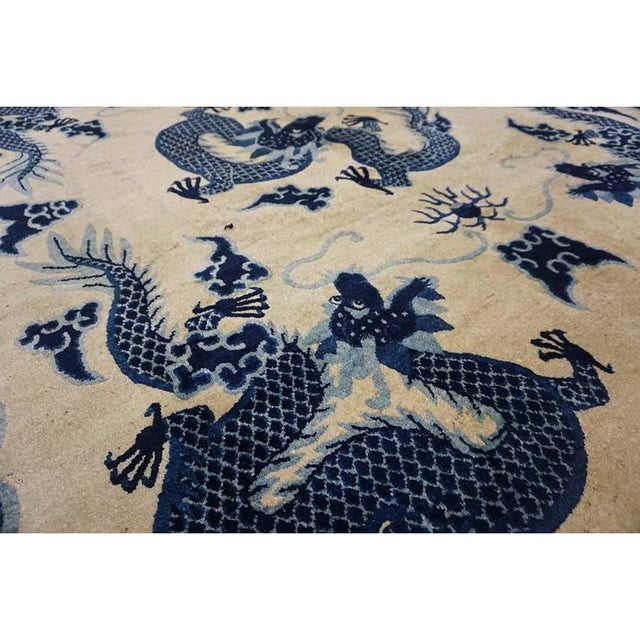 1890s Ivory and Blue Antique Cloud Band Design Chinese Dragon Peking Rug For Sale - Image 9 of 9