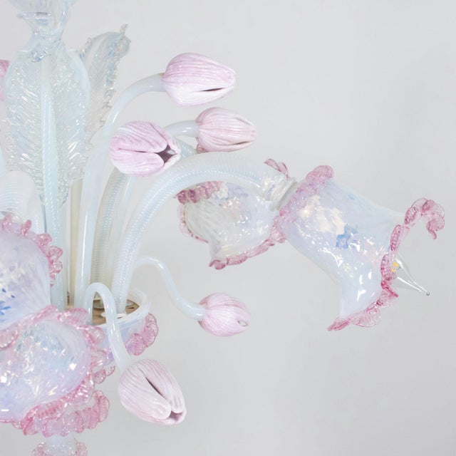 Vintage Baroque Style Opaline Murano Chandelier With Pink Lattimo Tulips and Rigaree Trim For Sale In Chicago - Image 6 of 12