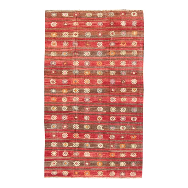 Colorful Red and Brown Striped Turkish Kilim Rug With Geometric Shapes For Sale