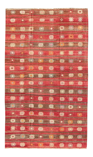 Colorful Red and Brown Striped Turkish Kilim Rug With Geometric Shapes