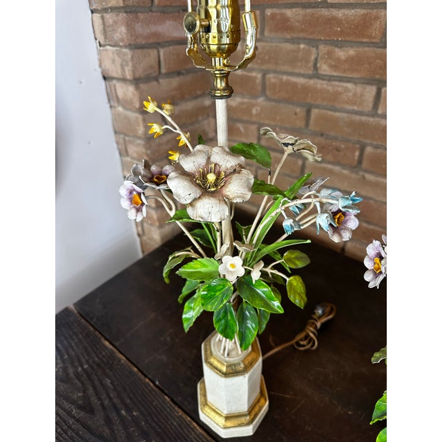 Pair of 1960s Italian Tole Floral Boutique Lamps For Sale - Image 10 of 12