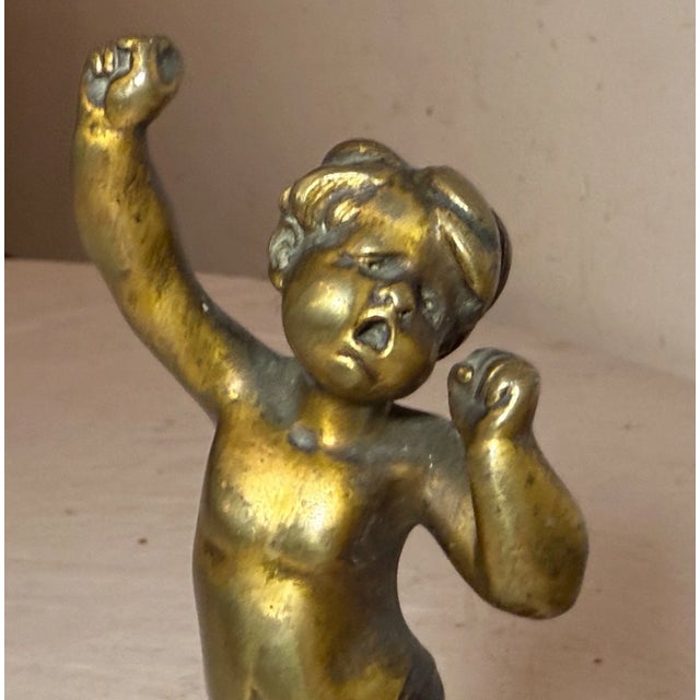 Victorian Antique Patinated Gilt Bronze Baby Boy Cupid Yawning Sculpture Statue Figure For Sale - Image 3 of 16