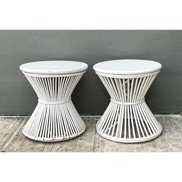 Late 20th Century Vintage White Stick Rattan Hourglass Tables - A Pair For Sale - Image 5 of 12