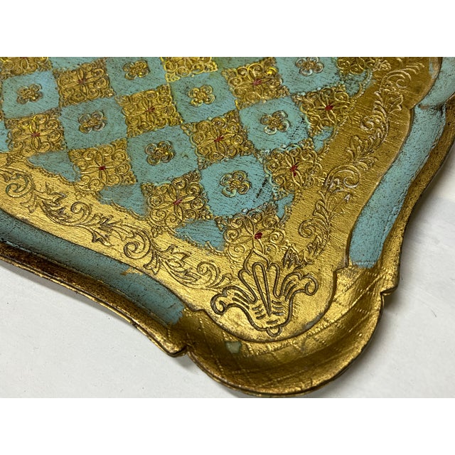 Vintage Italian Florentine Turquoise and Gold Hand Panted Tray, 1960s For Sale - Image 4 of 7