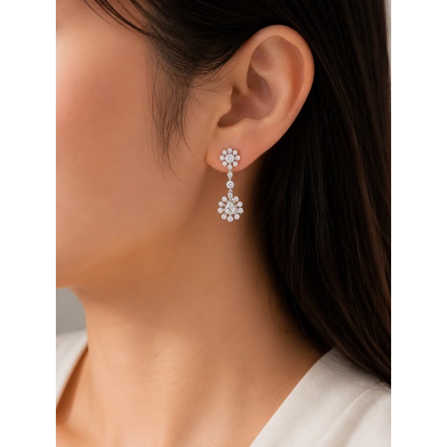 Art Deco Late 19th Century 18K White Gold Diamond Floral Drop Antique Earrings Estate, Pair For Sale - Image 3 of 3
