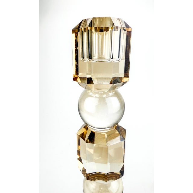 Vintage Geometric Gold Tone Glass Pillar Candle Stick Holder For Sale - Image 4 of 11