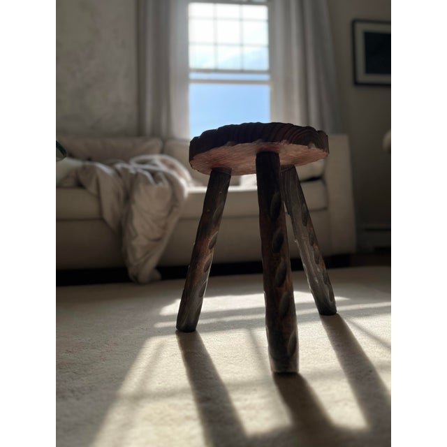 Wood Mid 20th Century Vintage Handcrafted Brutalist Wooden Tripod Stool For Sale - Image 7 of 10