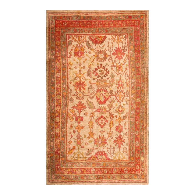 1900s Ivory Tribal Large Scale Antique Oushak Decorative Rug 6' 10"x 11' 6" Knotted Wool Carpet For Sale
