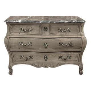 Antique 19th Century Country French Louis XV Bombe Commode in Stripped Oak With Gray Marble For Sale