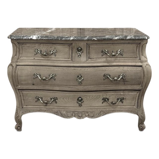 Antique 19th Century Country French Louis XV Bombe Commode in Stripped Oak With Gray Marble For Sale