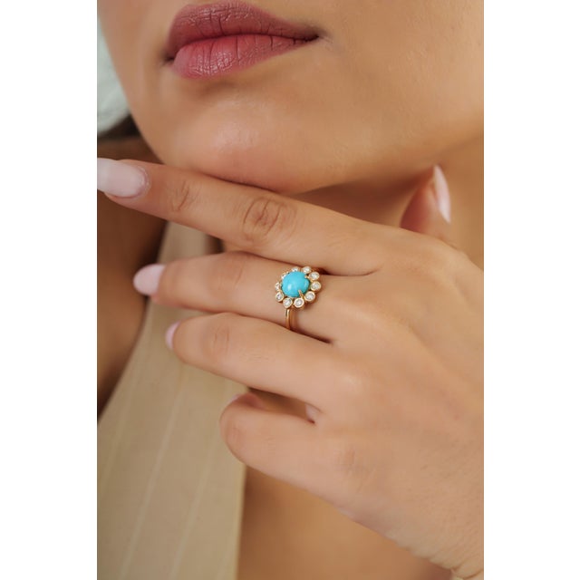 Not Yet Made - Made To Order 1.25ct Turquoise & Diamond Floral Vintage Cocktail Ring Size 4 in 14k Yellow Gold For Sale - Image 5 of 15