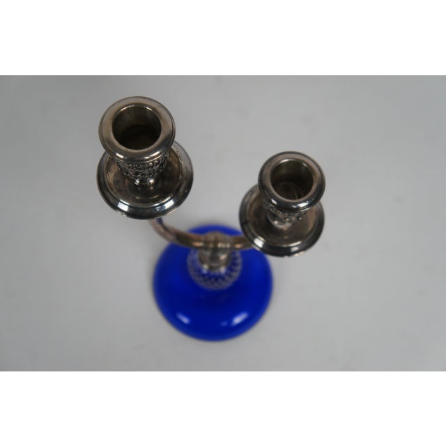 Silver Antique 3 Piece Pairpoint Cobalt Glass & Silver Plate Compote Candlesticks Console Set For Sale - Image 8 of 11