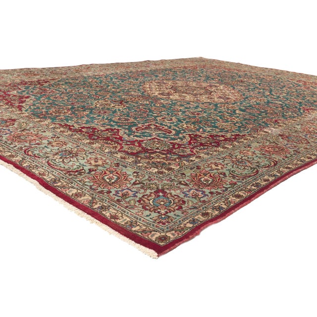 75351 Vintage Persian Tabriz Rug, 08'01 x 11'06. Regal charm meets elegant sophistication in this hand knotted wool...