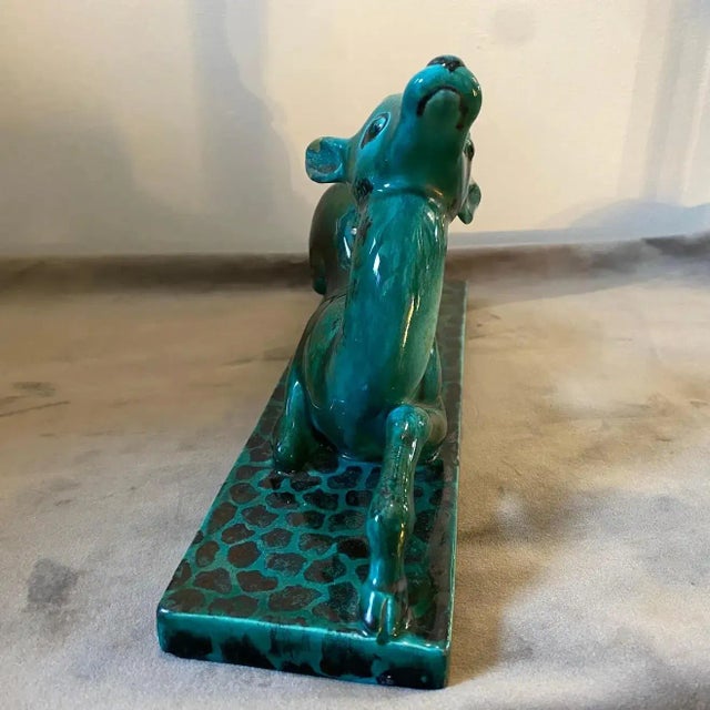 1930s Egisto Fantechi Art Deco Green Ceramic Italian Sculpture of a Fawn For Sale - Image 10 of 12