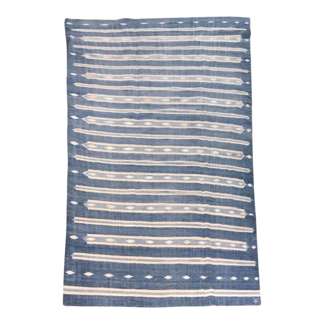 Vintage Dhurrie Runner Rug in Blue With Cream White Stripes | Rug & Kilim For Sale