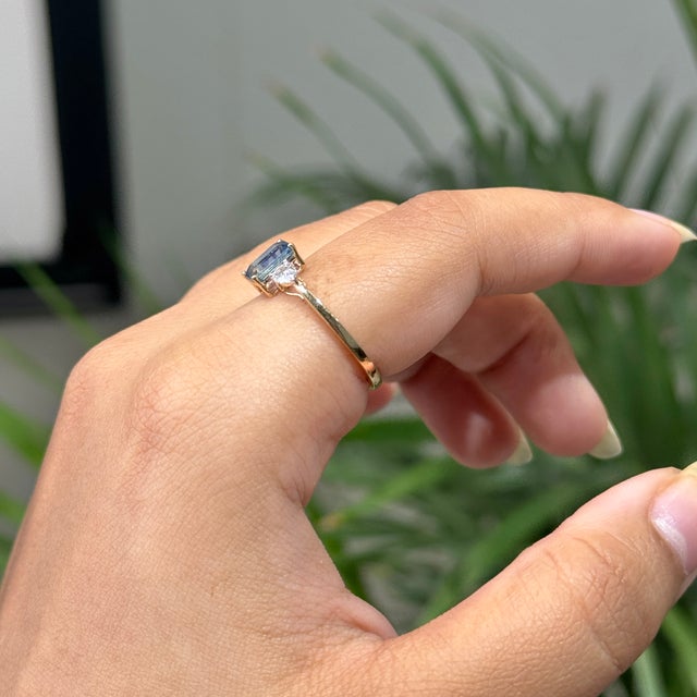 14k Gold 1.22ct Octagon Blue Sapphire & Pear Diamonds Three Stone Ring Size 4 For Sale In New York - Image 6 of 18