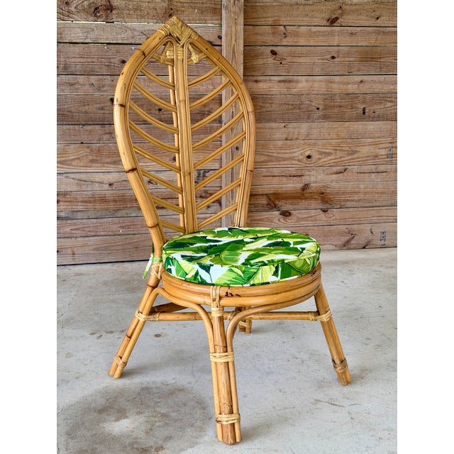 Wood Vintage Coastal Boho Rattan Leaf Back Side Chair With Custom Tropical Cushion For Sale - Image 7 of 12
