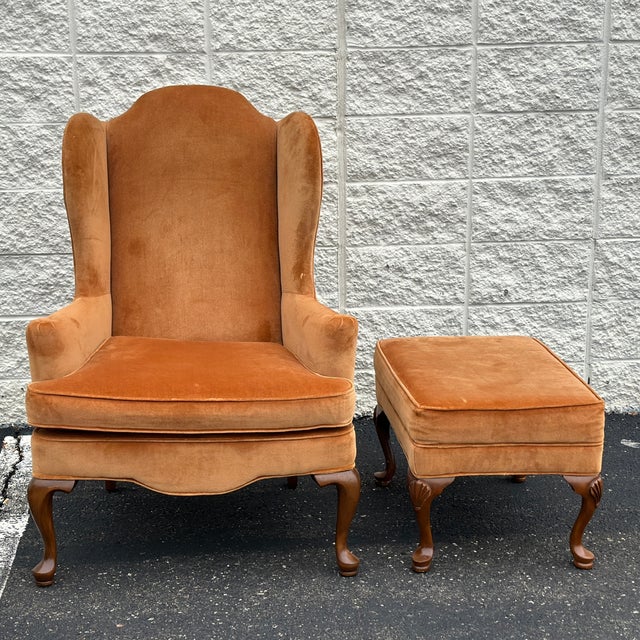 Late 20th Century Vintage Ethan Allen Wingback Lounge Chair & Ottoman Set in Burnt Orange Velvet Upholstery For Sale - Image 5 of 12