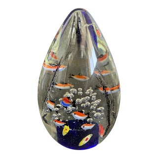 Mid Century Murano Style Art Glass Fish Aquarium Egg Paperweight For Sale