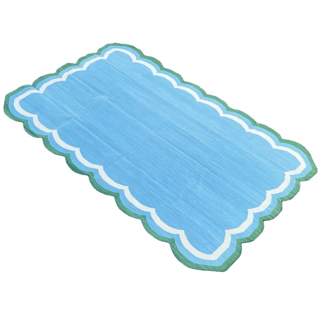Handmade Cotton Area Scalloped Rug Sky Blue, Cream and Forest Green Border Dhurrie - 12'x15' For Sale - Image 11 of 11