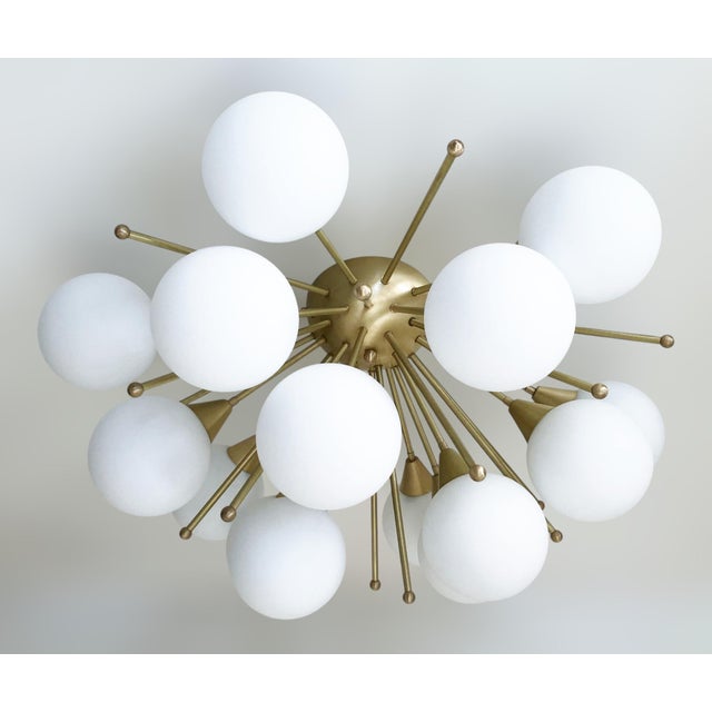 Italian sputnik flush mount with matte white Murano glass globes mounted on solid brass frame in satin brass finish / Made...