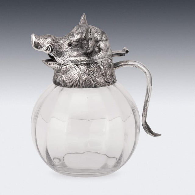 Vintage Glass Jug with Silver-Plated Boar Head from Valenti, 1970s For Sale - Image 3 of 18