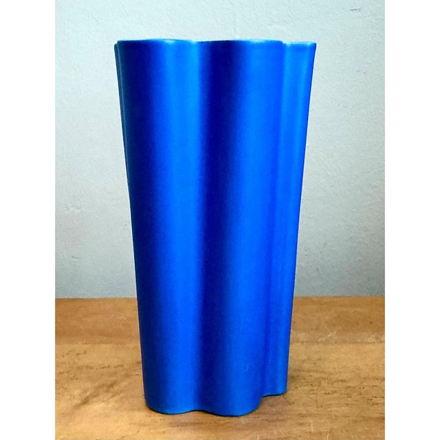 Vintage Blue Fluted Ceramic Vase For Sale - Image 4 of 12