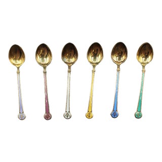 Mid-20th Century Norwegian Gilt, Sterling Silver, and Enamel Demitasse Spoons - Set of 6 For Sale