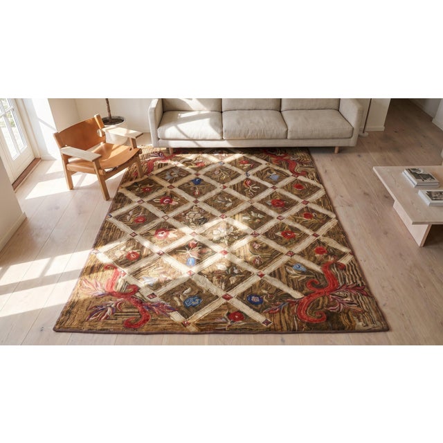1870s Brown Diamond Folk Art Antique American Hooked Rug 5'0" X 7'3" Woven Wool Carpet For Sale - Image 12 of 12