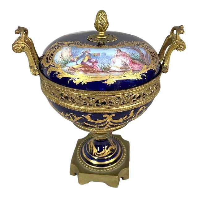 19thC Sevres Louis XVI Style Blue Porcelain Bronze Bowl Urn For Sale