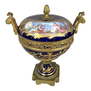 19thC Sevres Louis XVI Style Blue Porcelain Bronze Bowl Urn