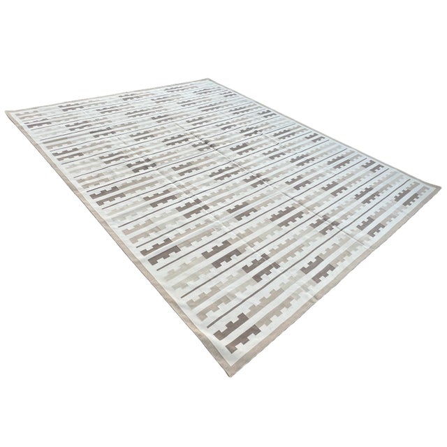 Mid-Century Modern Handmade Cotton Area Rug, Vegetable Dyed Beige and White Marianne Striped Dhurrie-10'x14' For Sale - Image 3 of 10