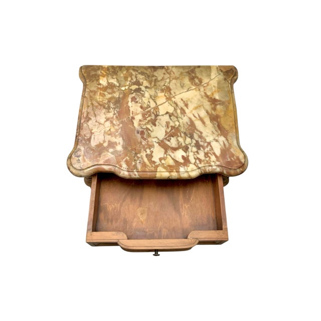 Brown Late 20th Century Side Table Hand Carved Wood French Style Marble Top (Repaired) Vintage Classic Decor For Sale - Image 8 of 10