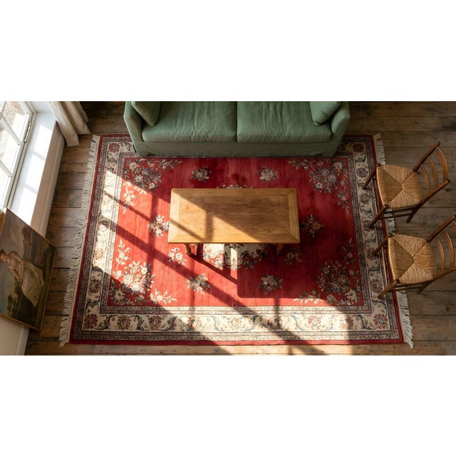 Burgundy 1930s Red Burgundy Minimalist Antique Chinese Art Deco Rug 6' X 8'9" Handknotted Wool Carpet For Sale - Image 8 of 8