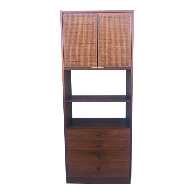 Mid Century Modern Shelving Unit With Caned Doors And Four Drawers