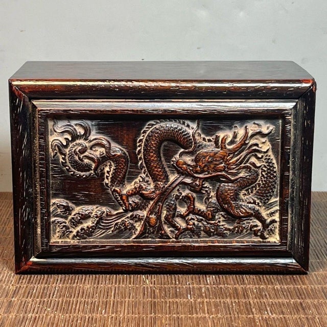 Wood Vintage Blood Sandalwood Carved Jewelry Box With Dragon Motif and Drawer For Sale - Image 7 of 8
