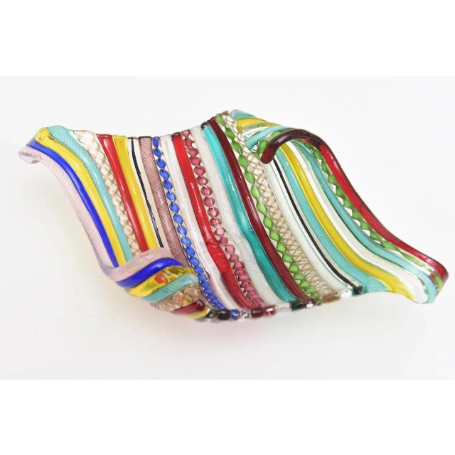 1960s Vintage Murano Galliano Ferro Fused Cane Latticino Multicolored Glass Bowl For Sale - Image 5 of 10