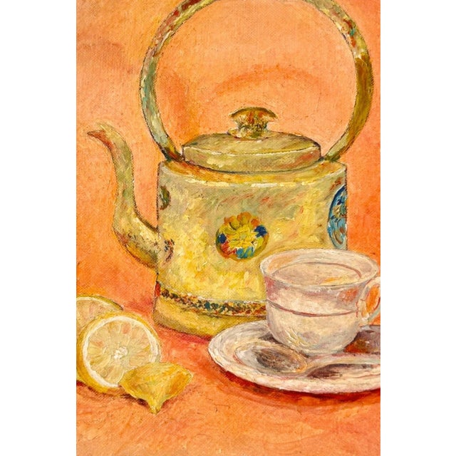 Early 20th Century Chinoiserie Still Life Oil Painting With Teapot & Citrus, Framed For Sale In Miami - Image 6 of 9