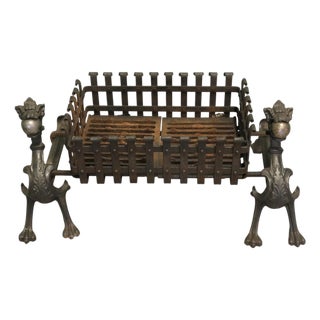 Gothic Inglenook Grate Set on Dragon Andirons For Sale
