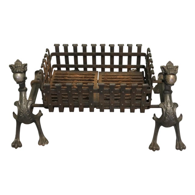 Gothic Inglenook Grate Set on Dragon Andirons For Sale