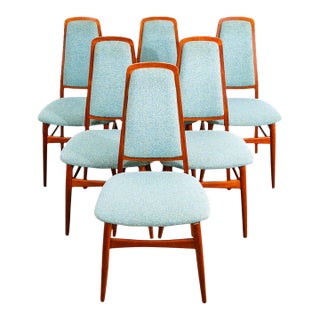 Mid Century Danish Modern Dining Chairs Solid Teak Denmark Blue Tweed Aqua- Set of 6 For Sale