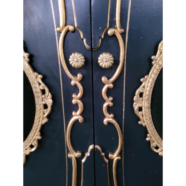 Wood Custom French Louis XV Style Midnight Blue Armoire With Antique Brass & Velvet Medallions For Sale - Image 7 of 14