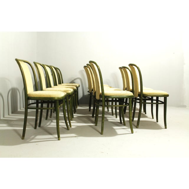 12 bentwood green chairs in project condition. Chair frames in very good condition. Several chairs have minor defects in...