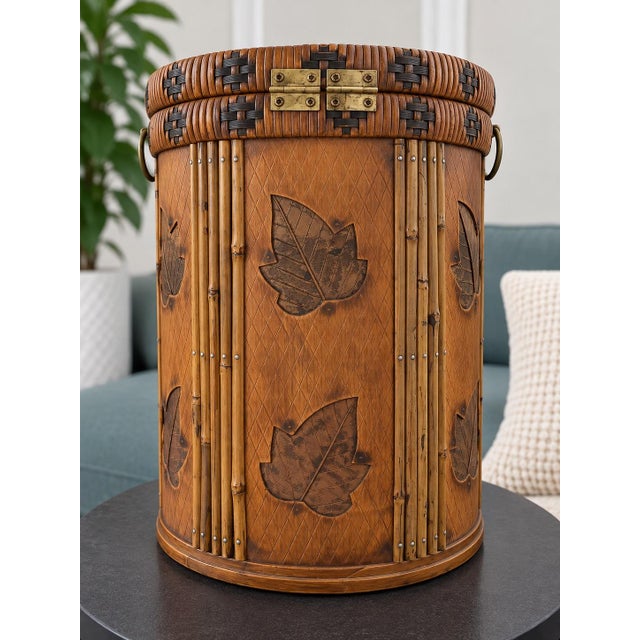 Rustic European Vintage Bamboo Rattan Wood Storage Chest Brass Accents Woven Basket With Lid 16” For Sale - Image 3 of 7